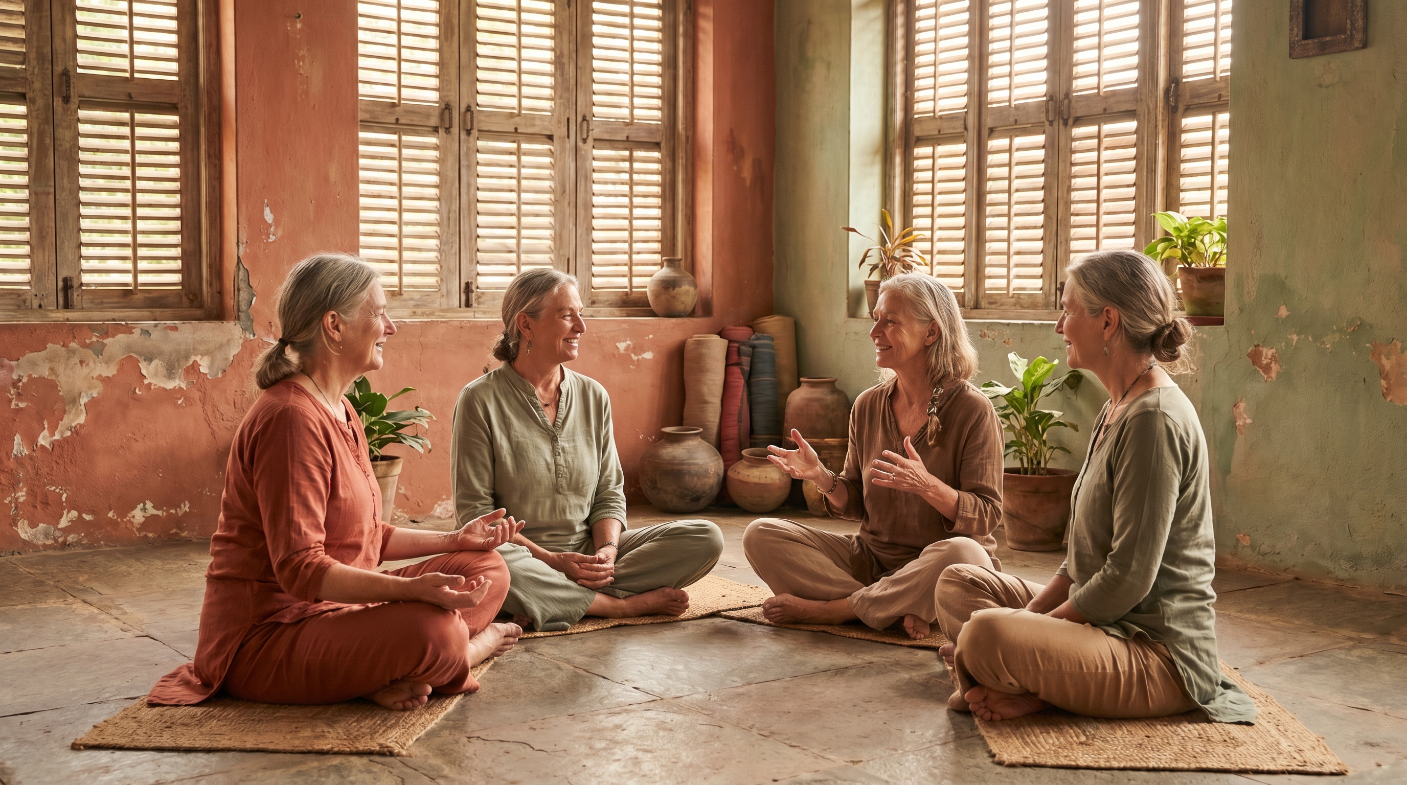 Teachers in circle conversation in a Mysore-style shala