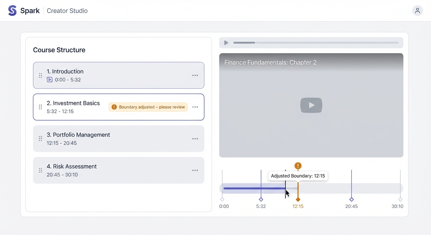 Chapter editor interface showing a timeline with chapter boundaries, with one chapter marked 'Boundary adjusted – please review' (amber warning badge), demonstrating how Spark calls out issues instead of hiding them