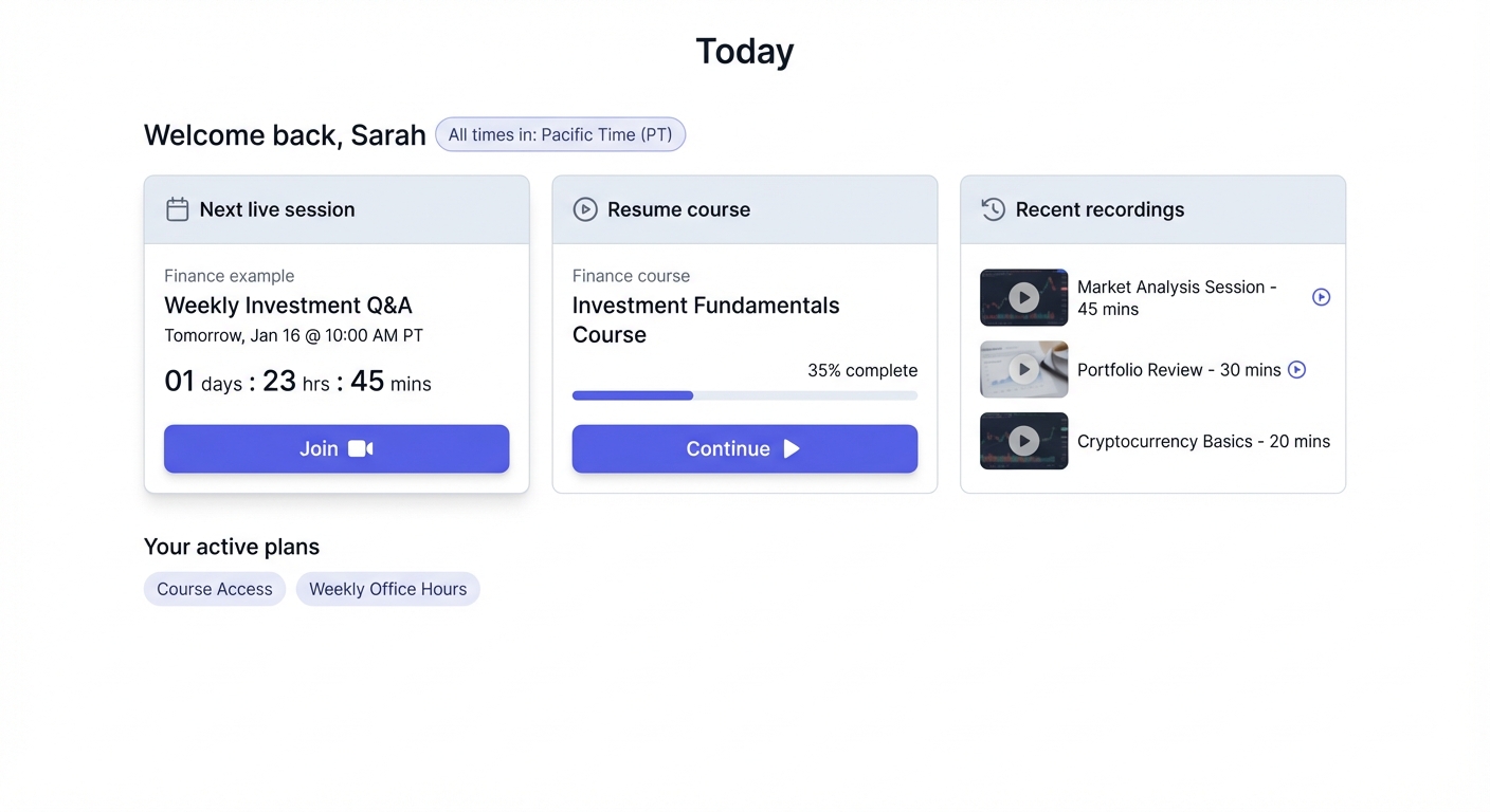 Student portal Today dashboard showing unified access to courses, live sessions, and recordings in one hub