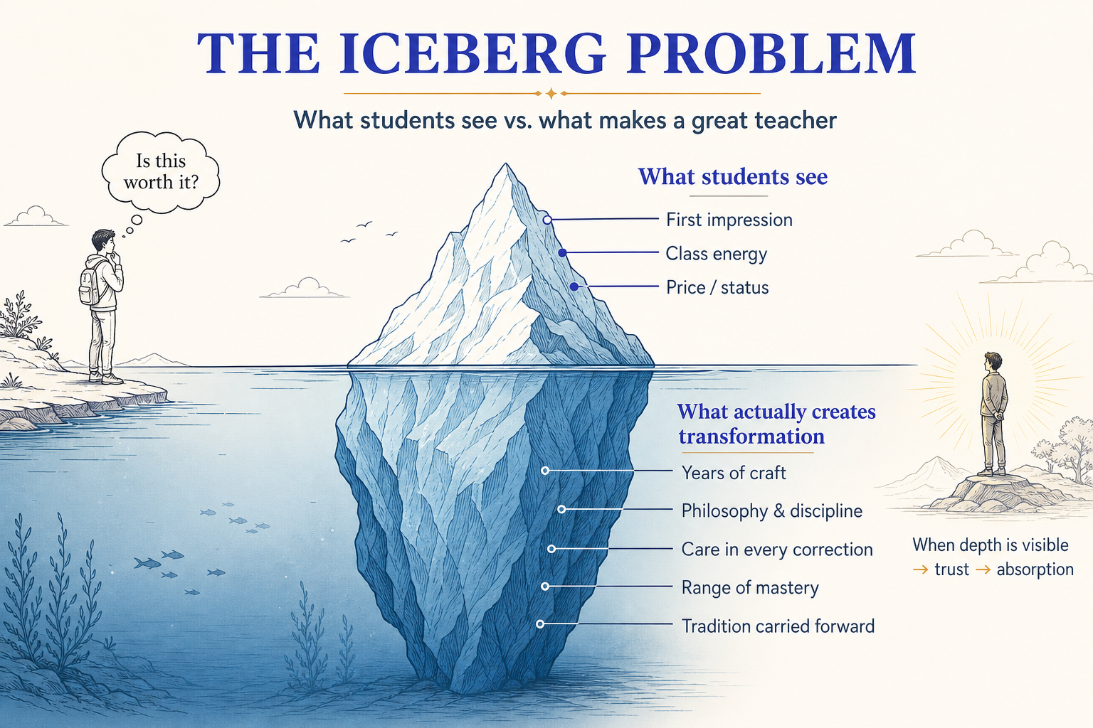 Iceberg diagram — visible tip above water, craft and depth below the surface.