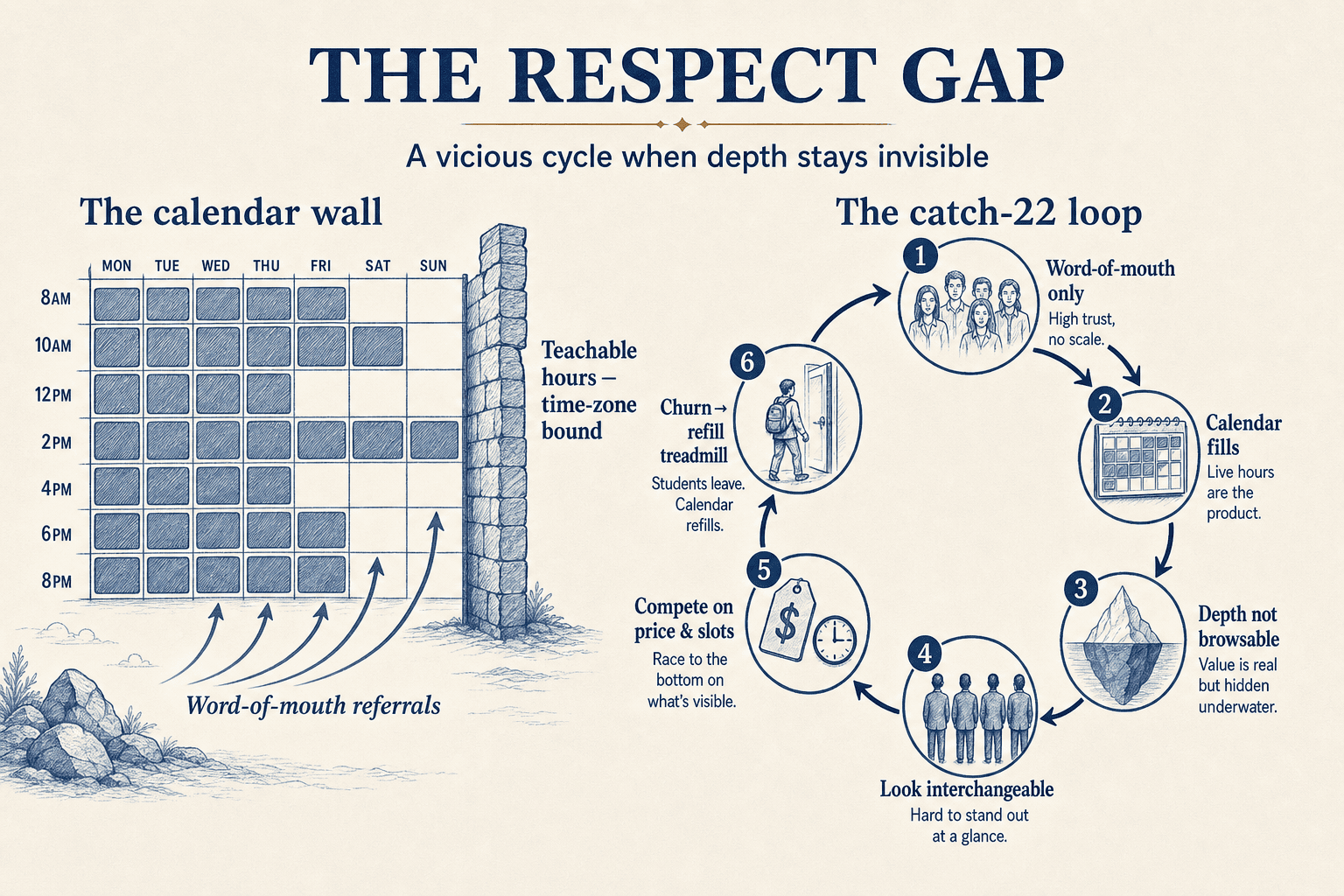 Respect Gap — calendar fills via referrals until teachable hours cap growth; catch-22 loop when depth stays invisible.
