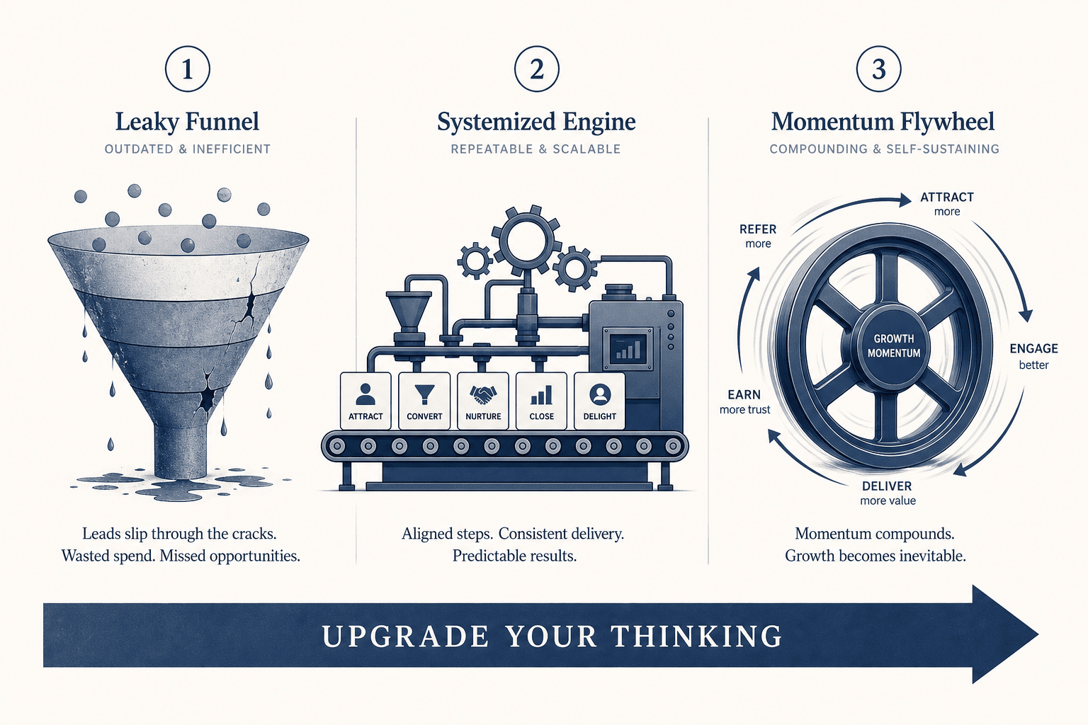Three panels — leaking funnel, assembly-line factory, spinning flywheel.